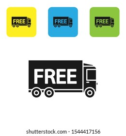 Black Free delivery service icon isolated on white background. Free shipping. 24 hour and fast delivery. Set of colorful square icon buttons. Vector Illustration