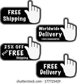 Black free delivery and shipping pointer label set. Vector
