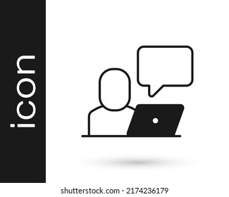 Icono de freelancer negro aislado en fondo blanco. Hombre independiente trabajando en una laptop en su casa. Trabajo en línea, concepto de trabajo distante.  Vector