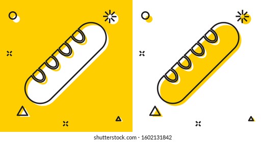 Black French baguette bread icon isolated on yellow and white background. Random dynamic shapes. Vector Illustration