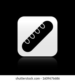Black French baguette bread icon isolated on black background. Silver square button. Vector Illustration