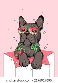 Black French Bulldog with a sprig of strawberries. Summer illustration. Stylish image for printing on any surface