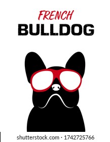 Black French bulldog Wearing red sunglasses. Black dog. Hand drawn vector illustration art on white background with text.