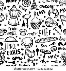Black French seamless pattern, france background, doodle hand drawn croissant, paris decoration, cafe banner