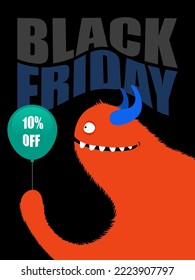 Black Friday, 10% offand cute monster vector illustration on black color background