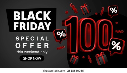 Black Friday 100 Prozent, Sonderangebot, Rabatt-Flyer. Vektorgrafik