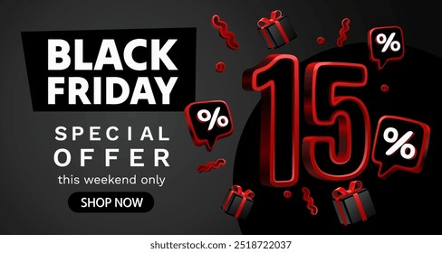 Black Friday 15 percent, special offer, discount flyer. Vector illustration