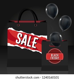 Black Friday, 2 packages on a black background with black balloons, sale, vector, EPS10