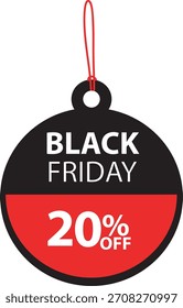 Black Friday 20% de descuento en la etiqueta colgante circular Ilustración vectorial negra y roja