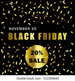 Black Friday 20% Sale. Gold Lettering On Black Background. Hand Drawn Vector Card.