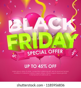 Black friday 2018. Sale banner template design. Beautiful discount and promotion banner. 3d inscription, ribbons and red balloons on a dark background. Sale poster for the promo. Vector Illustration