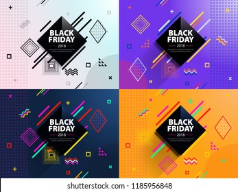 Black friday 2018. Sale and discounts fashion banners. A set of banners templates in flat trendy memphis geometric style. Abstract rhomb geometric design and background.  Fashionable vector image