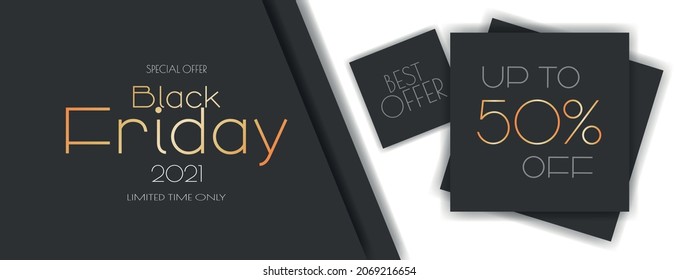 Black Friday 2021 banner. Up to 50% Off. Modern minimal vector design.