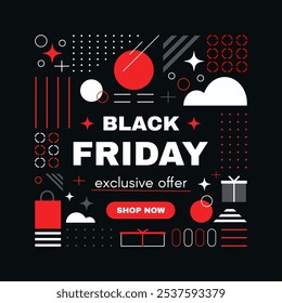Black Friday 2024 exclusive offer banner with modern geometric design. Ideal for online shopping promotions, ads, and digital marketing campaigns. Minimalistic black, white, and red style.