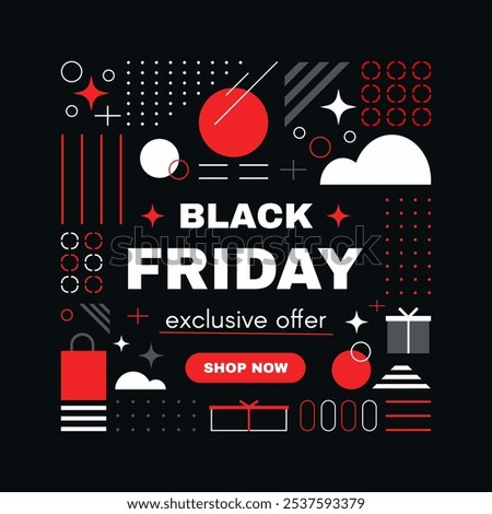Black Friday 2024 exclusive offer banner with modern geometric design. Ideal for online shopping promotions, ads, and digital marketing campaigns. Minimalistic black, white, and red style.