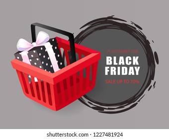 Black Friday 25 November 2018 price tag with shopping cart with gift box vector. Round sketchy label, hottest autumn total sale event with discounts