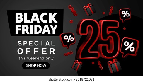 Black Friday 25 Prozent, Sonderangebot, Rabattflieger. Vektorgrafik