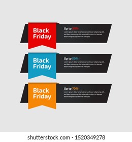 Black Friday up to 30%, 50%, 70%. Banner Design for the sale with red, blue, and yellow colors. Vector illustration. Set of elements of three abstract style on gray background.Elements of infographics