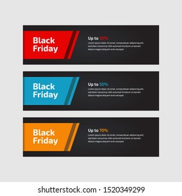 Black Friday up to 30%, 50%, 70%. Banner Design for the sale with red, blue, and yellow colors. Vector illustration. Set of elements of three abstract style on gray background.Elements of infographics