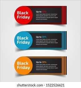 Black Friday up to 30%, 50%, 70%. Banner Design for the sale with red, blue, and yellow colors. Vector illustration. Set of elements of three abstract style on gray background.Elements of infographics