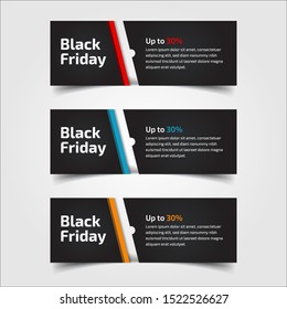Black Friday up to 30%, 50%, 70%. Banner Design for the sale with red, blue, and yellow colors. Vector illustration. Set of elements of three abstract style on gray background.Elements of infographics