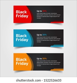 Black Friday up to 30%, 50%, 70%. Banner Design for the sale with red, blue, and yellow colors. Vector illustration. Set of elements of three abstract style on gray background.Elements of infographics