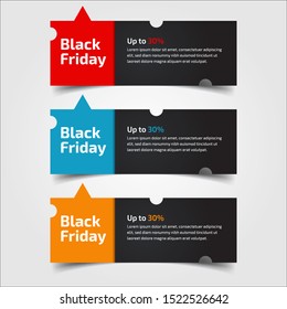 Black Friday up to 30%, 50%, 70%. Banner Design for the sale with red, blue, and yellow colors. Vector illustration. Set of elements of three abstract style on gray background.Elements of infographics