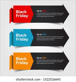Black Friday up to 30%, 50%, 70%. Banner Design for the sale with red, blue, and yellow colors. Vector illustration. Set of elements of three abstract style on gray background.Elements of infographics