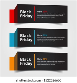 Black Friday up to 30%, 50%, 70%. Banner Design for the sale with red, blue, and yellow colors. Vector illustration. Set of elements of three abstract style on gray background.Elements of infographics
