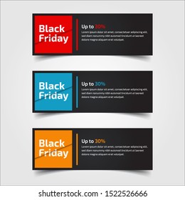 Black Friday up to 30%, 50%, 70%. Banner Design for the sale with red, blue, and yellow colors. Vector illustration. Set of elements of three abstract style on gray background.Elements of infographics