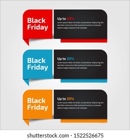 Black Friday up to 30%, 50%, 70%. Banner Design for the sale with red, blue, and yellow colors. Vector illustration. Set of elements of three abstract style on gray background.Elements of infographics