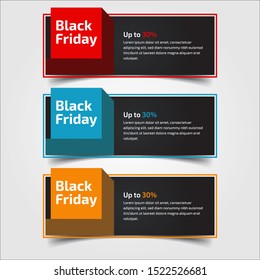 Black Friday up to 30%, 50%, 70%. Banner Design for the sale with red, blue, and yellow colors. Vector illustration. Set of elements of three abstract style on gray background.Elements of infographics