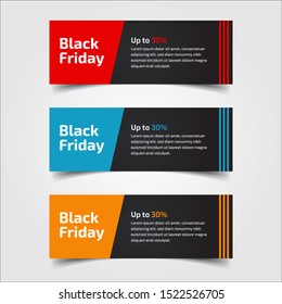 Black Friday up to 30%, 50%, 70%. Banner Design for the sale with red, blue, and yellow colors. Vector illustration. Set of elements of three abstract style on gray background.Elements of infographics