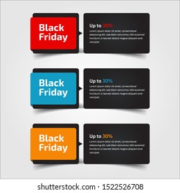 Black Friday up to 30%, 50%, 70%. Banner Design for the sale with red, blue, and yellow colors. Vector illustration. Set of elements of three abstract style on gray background.Elements of infographics