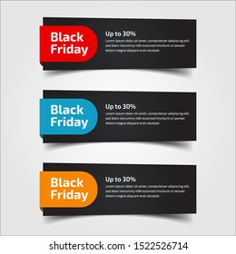 Black Friday up to 30%, 50%, 70%. Banner Design for the sale with red, blue, and yellow colors. Vector illustration. Set of elements of three abstract style on gray background.Elements of infographics