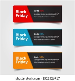Black Friday up to 30%, 50%, 70%. Banner Design for the sale with red, blue, and yellow colors. Vector illustration. Set of elements of three abstract style on gray background.Elements of infographics