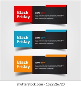 Black Friday up to 30%, 50%, 70%. Banner Design for the sale with red, blue, and yellow colors. Vector illustration. Set of elements of three abstract style on gray background.Elements of infographics