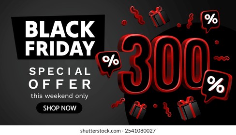 Black Friday 300 por cento, oferta especial, folheto de desconto. Ilustração vetorial