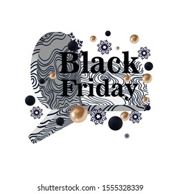 black Friday, 3D abstract geometric shapes, balls, snowflakes, vector