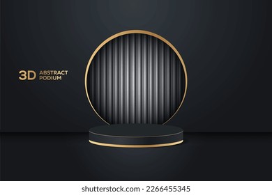 Black Friday 3D Resumen Podium con forma de lujo. Cilintro de lujo negro y dorado con cuarto vacío oscuro y fondo de textura brillante dorado. Escenario mínimo.