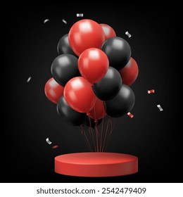 Black Friday 3D banner featuring red and black balloons, confetti, and a podium. Perfect for retail promotions, web banners, or posters with an elegant, festive vibe. Not AI.