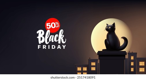 Black Friday. A 3D black cat sits on the chimney of the house against the background of the night city and moonlight. Banner for advertising discounts, sales, and offer concepts. Vector