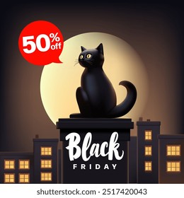 Black Friday Um gato preto 3D senta-se em uma chaminé contra o fundo de uma cidade noturna e luar e olha para os descontos. Banner para grandes descontos e vendas em lojas. Vetor