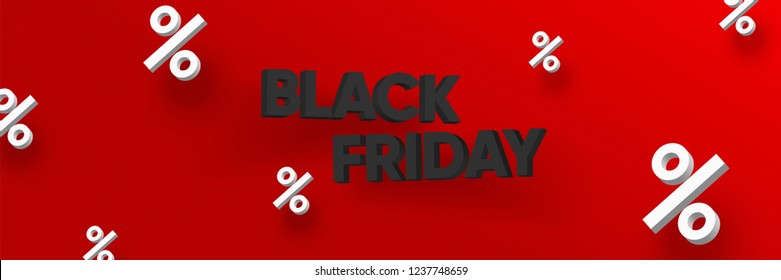 Black Friday 3D cover design. White percent signs on Red background. creative art for ad, promotion, billboard, banner, poster, web, print. Eps10 vector illustration.