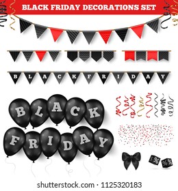 Black friday 3d decorations set isolated on white. Vector Illustration. Flag garland and balloons with text
