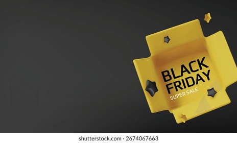 Ilustración 3D de Black Friday con caja amarilla abierta y estrellas negras sobre fondo amarillo. Perfecto para promociones de venta, Anuncios de comercio electrónico y visuales de marketing digital.