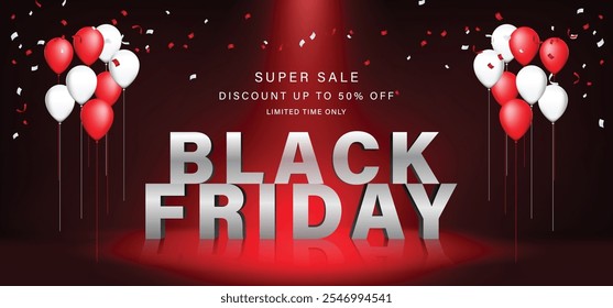 Black Friday 3D text with decorated with realistic 3D elements such as balloons, ribbons