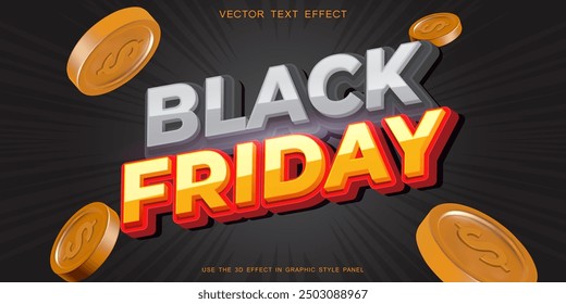 Plantilla de diseño de fondo de efecto de texto 3D de viernes negro con monedas de icono volador