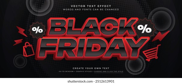 Efecto de texto 3d del viernes negro en el fondo negro abstracto, estilo gráfico del Vector de la promoción del descuento