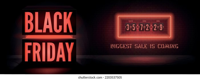 Mapa de banner vectorial 3d del viernes negro. Luz roja brillante sobre fondo oscuro con temporizador de cuenta regresiva de neón. Mega venta de descuento ofrece publicidad de moda. Diseño elegante de afiches de limpieza estacional